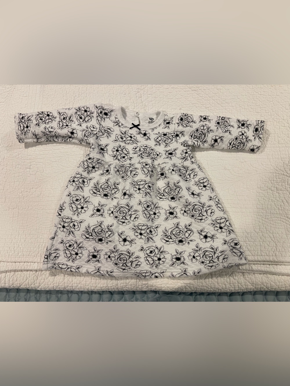 Hudson Baby White Quilted Cotton Dress Black Floral Flowers Bow Long Sleeve 24m